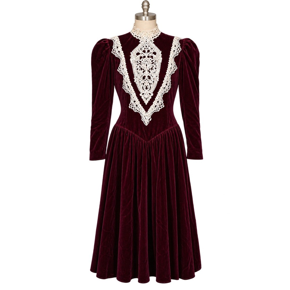 VINTAGE Talbots Scott McClintock 10 Burgundy Velvet Lace Prairie Dress 1980s